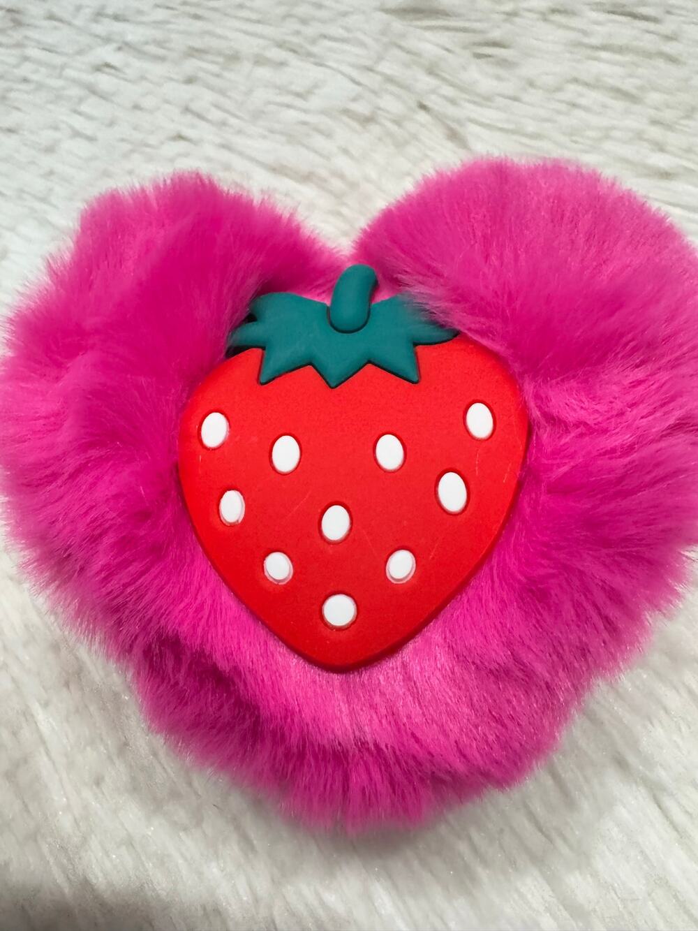 Fucsia Heart fuzzy Pompom strawberry keychain bag charm